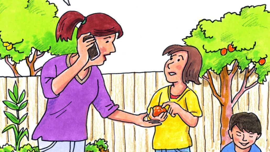 Cartoon image of a woman talking on the phone, looking at fruit another person is holding. 